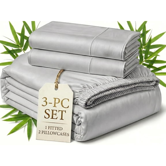 100% Viscose from Bamboo Twin 3-PC (1 Fitted + 2 Pillowcases) Bed Sheets 1000 Thread Count - Breathable & Cooling for Hot Sleeper, Hotel Luxury - 10" Deep Pocket - Light Gray