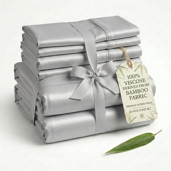 100% Viscose Derived from Bamboo Bedsheet Set, 300 Thread Count, 6-PC Sheets Set, Silver Grey Color, Alaskan King Size, 30 Inch Deep Pocket of Fitted Sheet