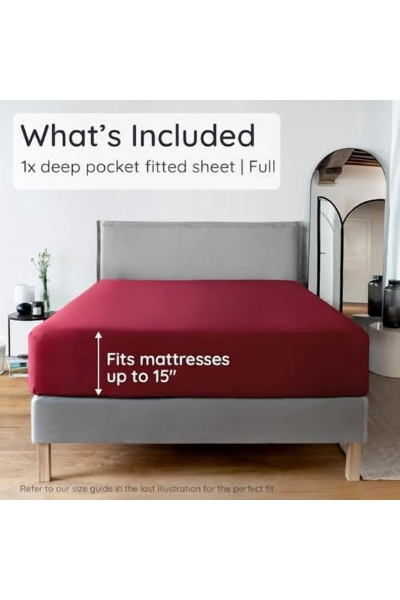 100% Viscose Derived from Bamboo Fitted Sheet Only, Full Size Fitted Bed Sheets Only, Cooling Fitted Sheet Full Size, 15’’ Deep Fitted Sheet with Straps, Soft Fitted Full Sheet Only (Burgundy)