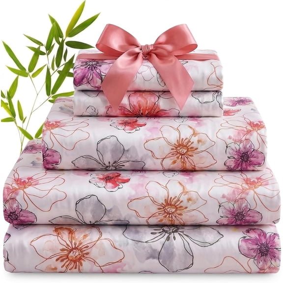 100% Viscose Derived from Bamboo Sheets, 600 Thread Count Cooling Bed Sheet Set for Hot Sleepers, Silky Soft, Breathable, 16" Deep Pocket, 4PC, Queen, Floral$$Bedding