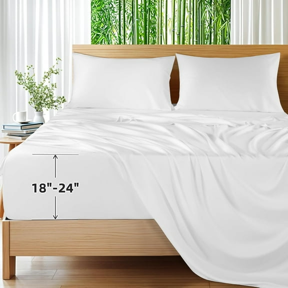 100% Viscose Derived from Bamboo_Sheets, Extra Deep Pocket Sheets Fits 18"-24" Thick Mattress, Cooling & Breathable Bed Sheets 4Pcs, Hotel Silky Bedding Set (King,White)