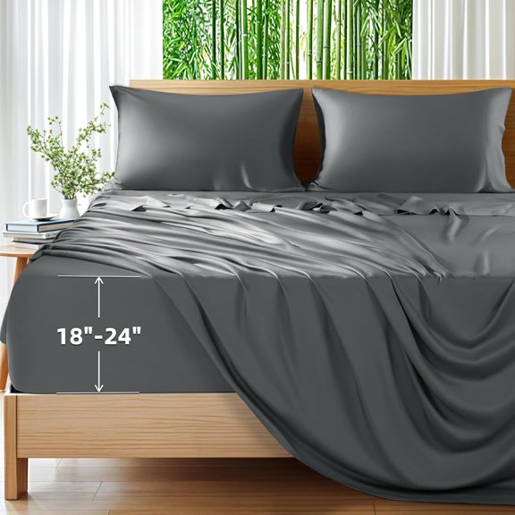 100% Viscose Derived from Bamboo_Sheets, Extra Deep Pocket Sheets Fits 18"-24" Thick Mattress, Cooling & Breathable Bed Sheets 4Pcs, Hotel Silky Bedding Set (King,Dark Grey)