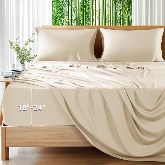 100% Viscose Derived from Bamboo_Sheets, Extra Deep Pocket Sheets Fits 18"-24" Thick Mattress, Cooling & Breathable Bed Sheets 4Pcs, Hotel Silky Bedding Set (Queen,Beige)