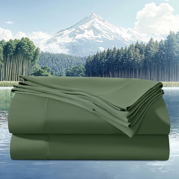 100% Viscose Derived from Bamboo_Sheets King Size 4pcs, Cooling & Breathable Bed Sheets for Hot Sleepers, Hotel Luxury Silky Bedding Sheets, 16" Deep Pocket(Olive Green)