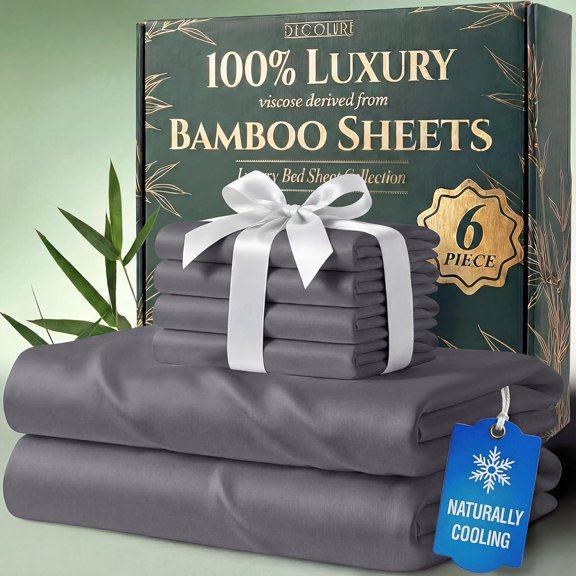 100% Viscose Derived from Bamboo Sheets King Size - Luxury 6 Pc Naturally Cooling Sheets, Ultra Soft Bed Set - Deep 17" Pockets, Durable Double Stitching, Oeko Tex Standard (Grey)