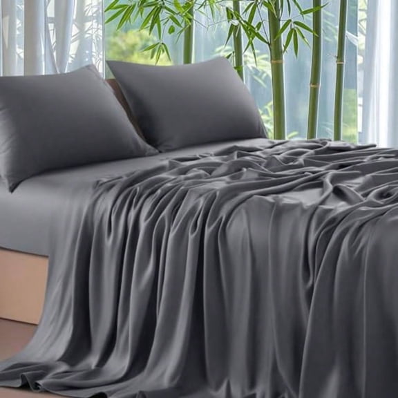 100 Viscose Derived from Bamboo_ Sheets Queen Size 4pcs - Ultra Cooling Silky Soft Bed Sheets 16 Deep Pocket Perfect for Hot Sleepers Hotel Bedding Sheets Dark Grey