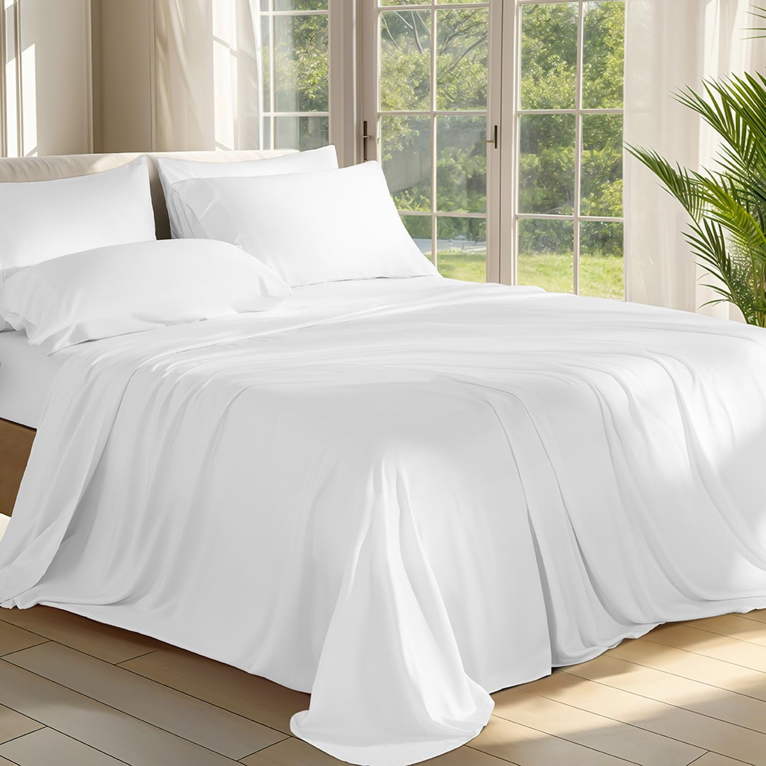 100% Viscose Derived from Bamboo_ Sheets Queen Size 6pcs - Ultra Cooling & Silky Soft Bed Sheets, 16" Deep Pocket, Perfect for Hot Sleepers, Hotel Bedding Sheets (White)