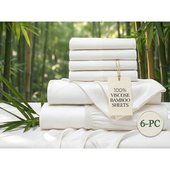 100% Viscose Derived from Bamboo Short King Size Sheets 6-Piece 1000 Thread Count - 4 Pillowcases Included - Breathable & Cooling, Hotel Luxury - 30" Extra Deep Pocket - White