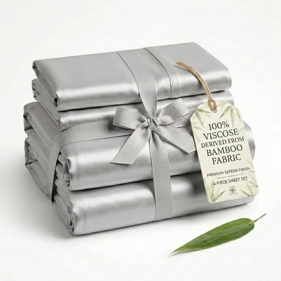 100% Viscose Derived from Bamboo Bedsheet Set, 1000 Thread Count, 4-PC Sheets Set, Silver Grey Color, Twin Size, 8 Inch Deep Pocket of Fitted Sheet