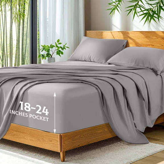 100% Viscose Derived from Bamboo Extra Deep Pocket Sheets Up to 24 Inches Ultra Soft Cooling Hotel Luxury Silky Bed Sheets Grey Queen