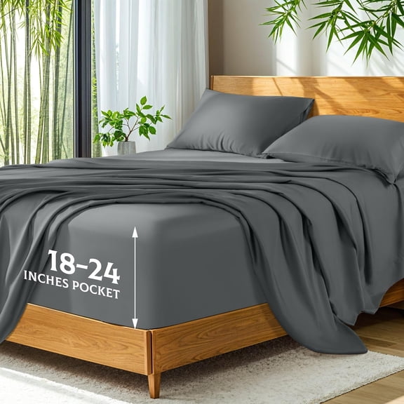 100% Viscose Derived from Bamboo Extra Deep Pocket Up to 24 Inch Ultra Soft Cooling Sheets Dark Grey Queen