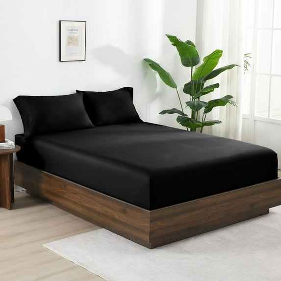 100% Viscose Derived from Bamboo Fitted Sheet Queen Size Only,16" Deep,Silky Soft,Black