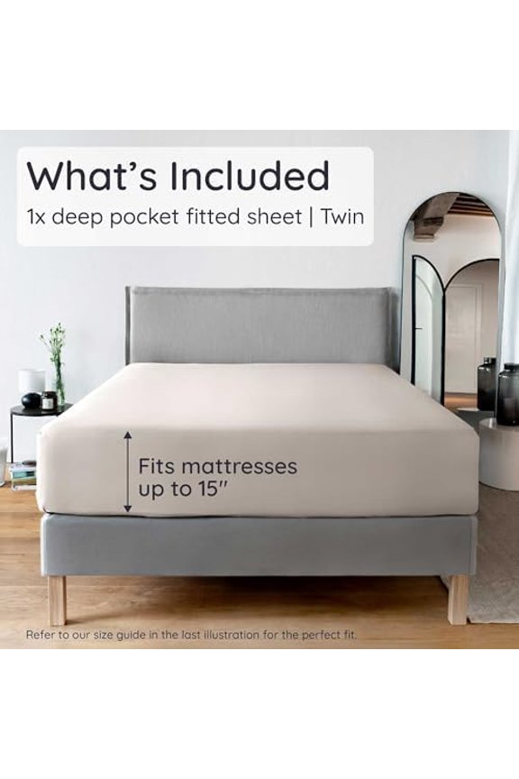 100% Viscose Derived from Bamboo Fitted Sheet Twin Size, Cooling Fitted Sheet Twin Size, 15’’ Deep Pocket, Breathable & Soft Sheets (Sand)