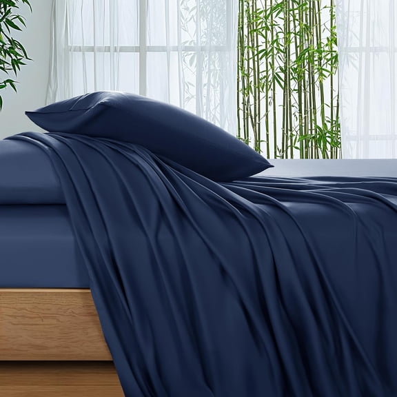 100% Viscose Derived from Bamboo Queen Bed Sheets Ultra Breathable Cooling 16 Deep Pocket 4 Piece Set Navy Blue