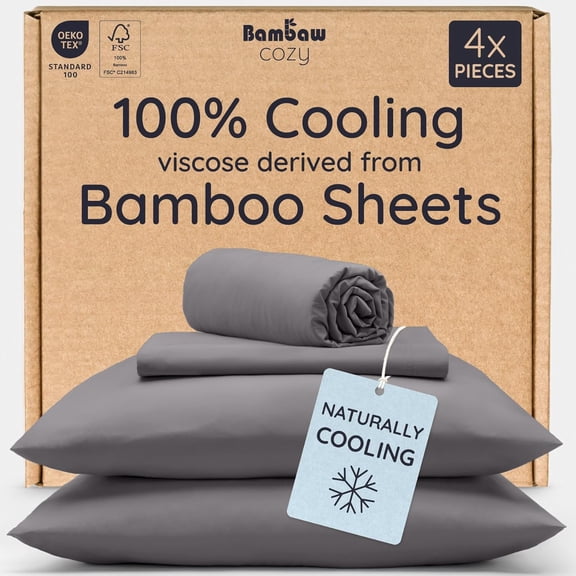100% Viscose Derived from Bamboo Queen Sheet Set 4pcs Deep Pocket Cooling Sheets Fits Up to 16 Inches with Elastic Corner Straps Dark Gray