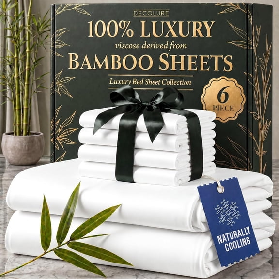 100% Viscose Derived from Bamboo Queen Sheets Set 6 Piece with 17 Inch Deep Pockets White