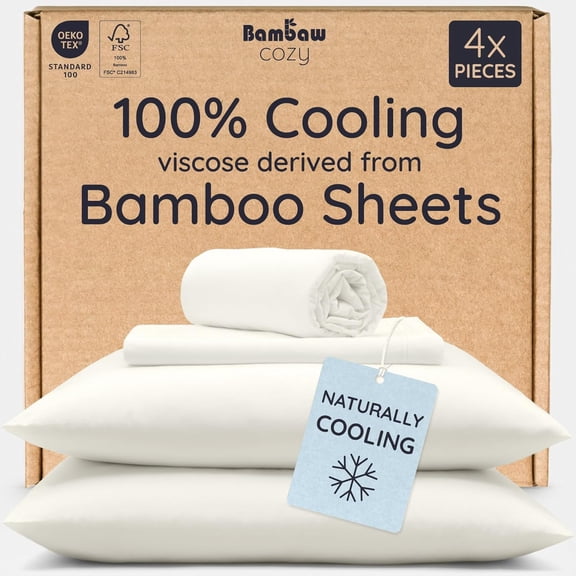 100% Viscose Derived from Bamboo Sheets Queen Size Set 4 PCS Deep Pockets Fits Up to 16 Inch Mattress Ivory