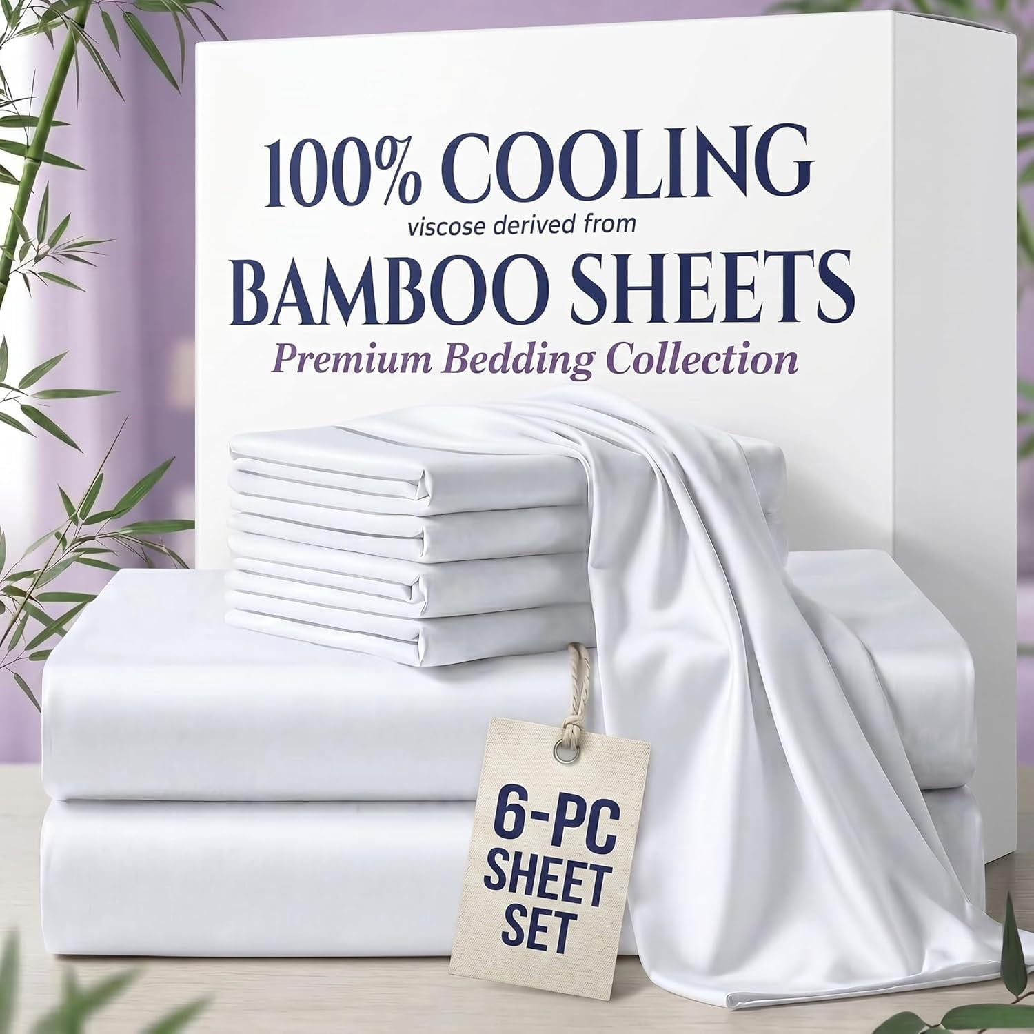 100% Viscose from BAMBOO 6-Piece Sheets Set Queen Size - 1000 Thread Count - 4 Pillowcases Included - 10" Deep Pocket - White