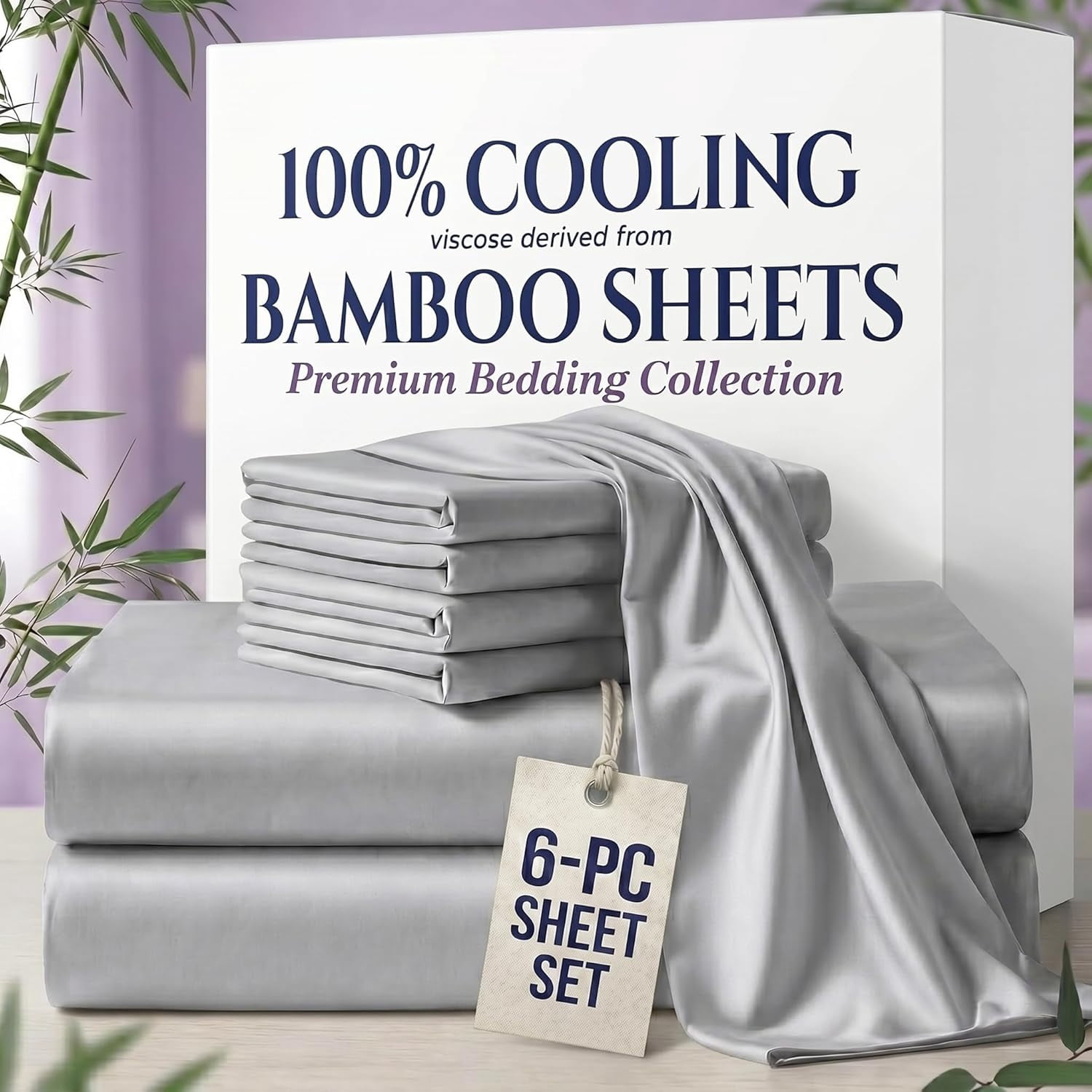 100% Viscose from BAMBOO 6-Piece Sheets Set Short King Size - 1000 Thread Count - 4 Pillowcases Included - 10" Deep Pocket - Light Gray