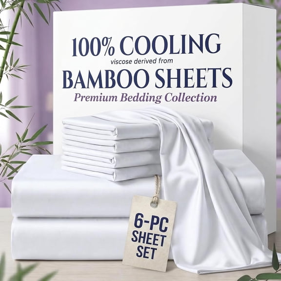 100% Viscose from BAMBOO 6-Piece Sheets Set Twin-XL Size - 1000 Thread Count - 4 Pillowcases Included - 12" Deep Pocket - White