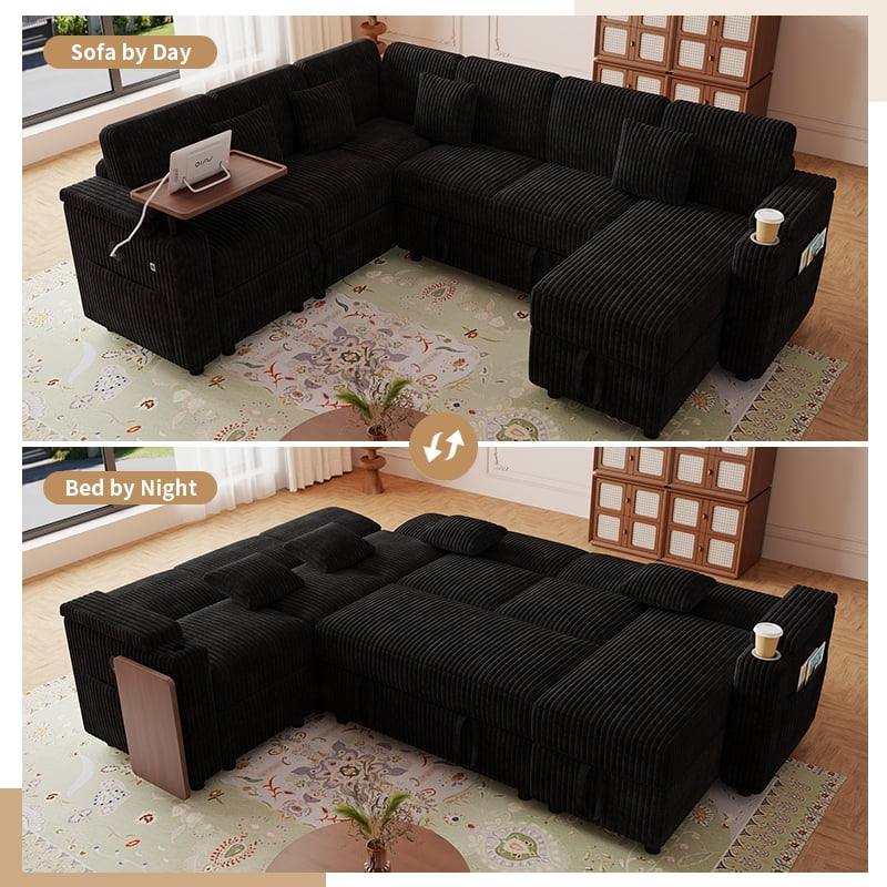 100"W L-Shaped Pull-Out Sofa Bed with USB Ports,Table Board,Cup Holder & Storage,7-Seat Corduroy Modular Sectional Sofa,Convertible Sleeper,Black