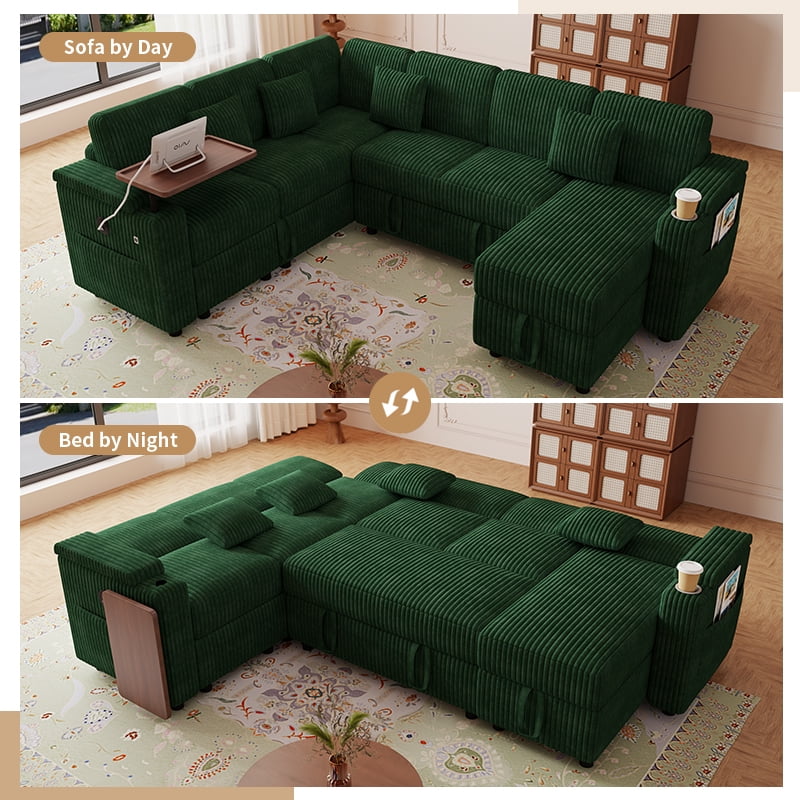 100"W L-Shaped Pull-Out Sofa Bed with USB Ports,Table Board,Cup Holder & Storage,7-Seat Corduroy Modular Sectional Sofa,Convertible Sleeper,Green