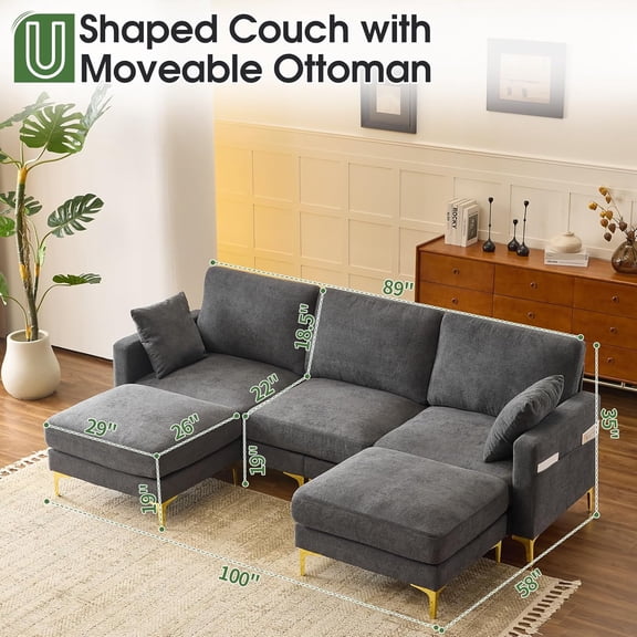 100" W U Shaped Couch with Ottoman, 22" Deep Comfortable Sectional Couches for Living Room, 3 Seater Chenille Fabric Cloud Sofa for Apartment, Small Spaces, Bedroom,