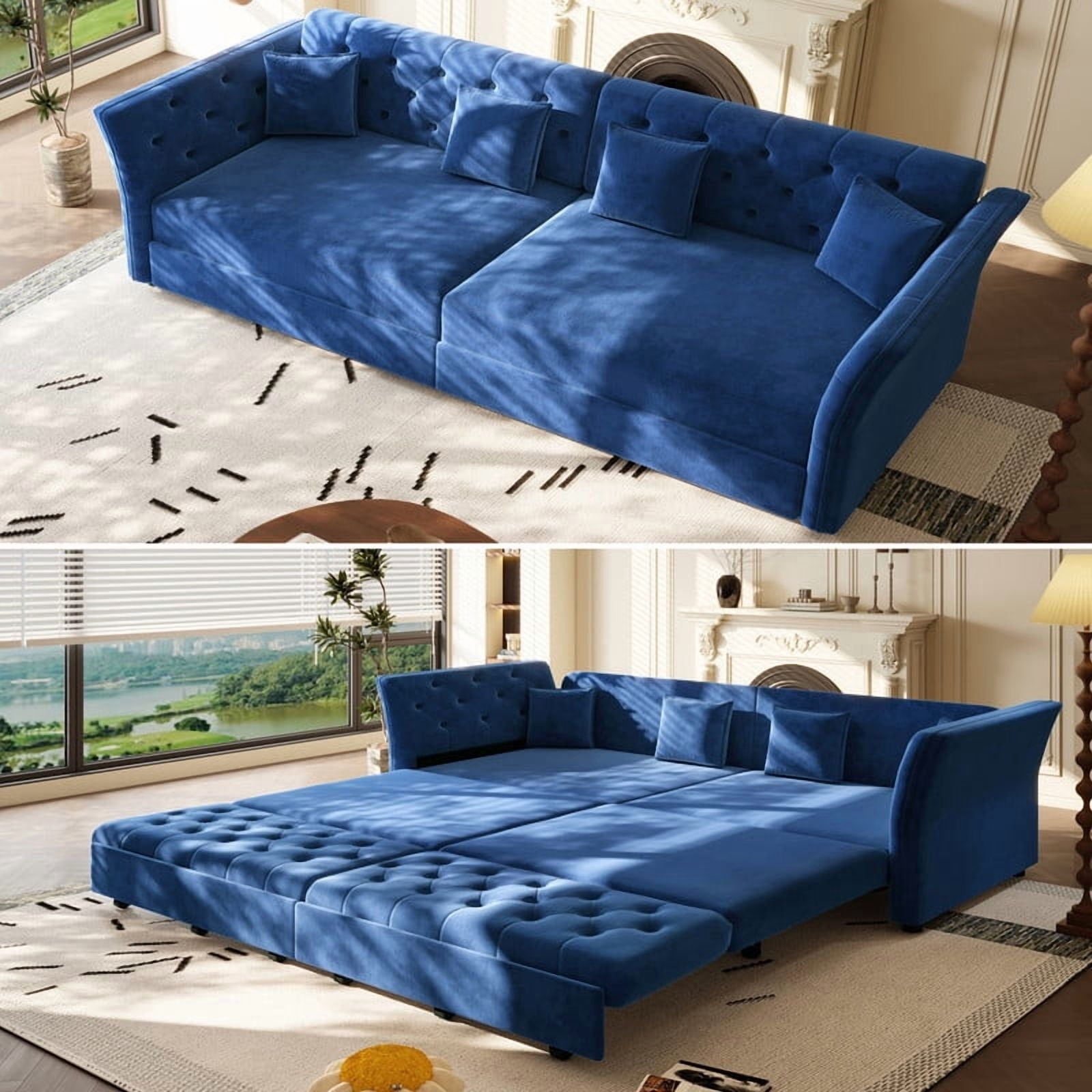100"W Velvet Tufted 2-in-1 Pull Out Sofa Bed, Convertible Sleeper Sofa, Upholstered Oversized 4-Seater Couch