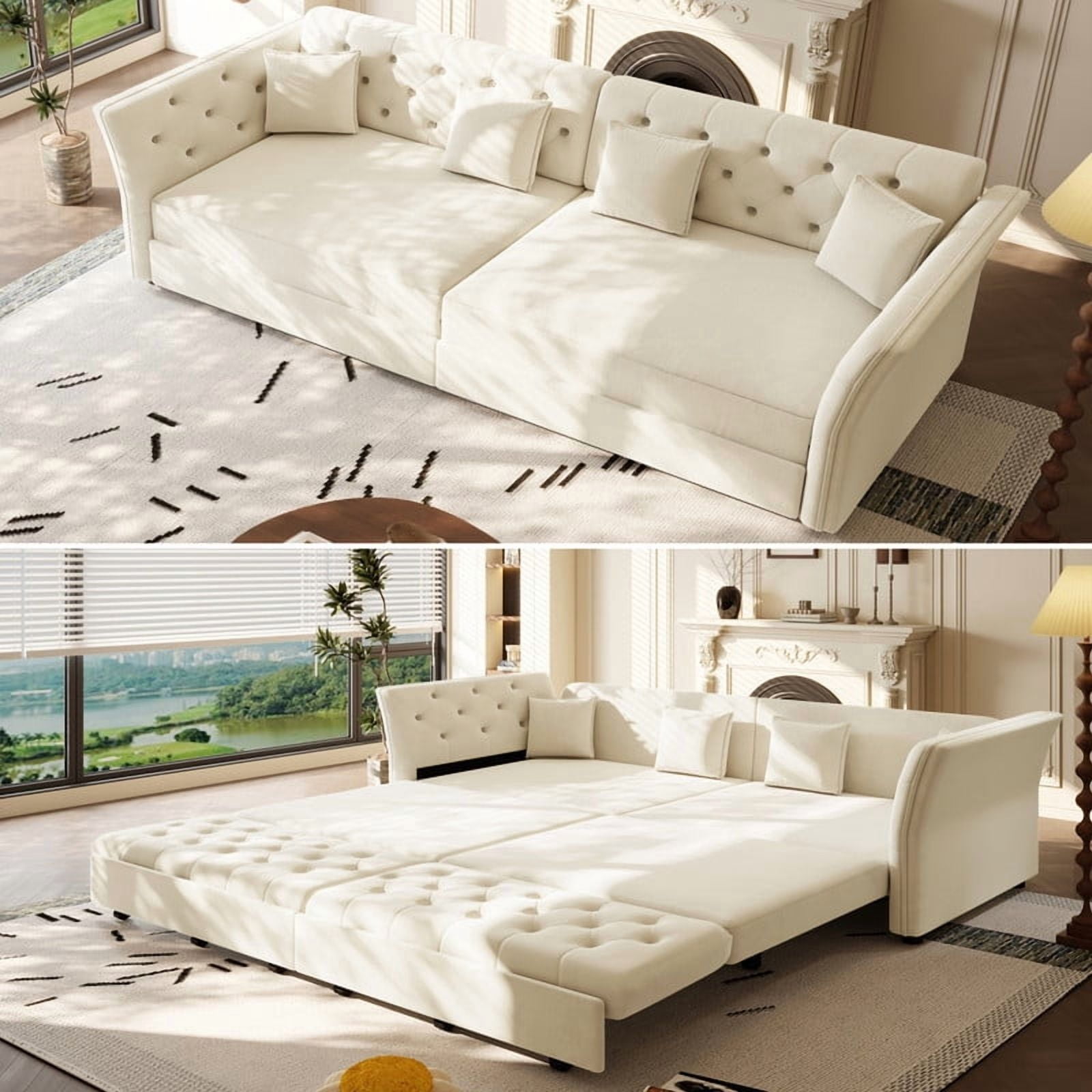100"W Velvet Tufted 2-in-1 Pull Out Sofa Bed, Convertible Sleeper Sofa, Upholstered Oversized 4-Seater Couch
