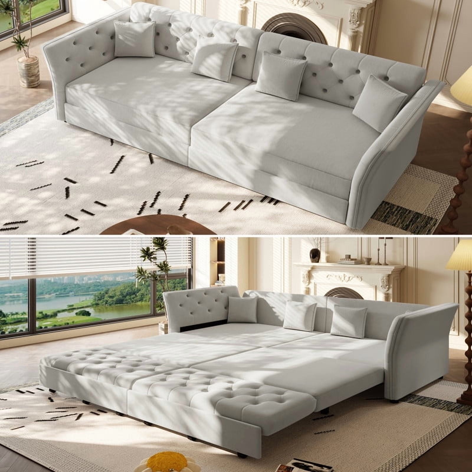 100"W Velvet Tufted 2-in-1 Pull Out Sofa Bed, Convertible Sleeper Sofa, Upholstered Oversized 4-Seater Couch