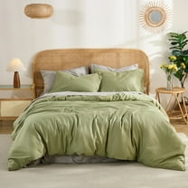100% Washed Cotton Duvet Cover –Avocado Green, Linen-Like Texture, Super Soft & Breathable Bedding Set, 3-Piece Durable Percale Comforter Cover