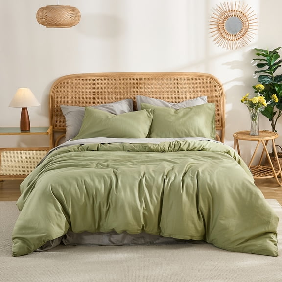 100% Washed Cotton Duvet Cover –Avocado Green, Linen-Like Texture, Super Soft & Breathable Bedding Set, 3-Piece Durable Percale Comforter Cover
