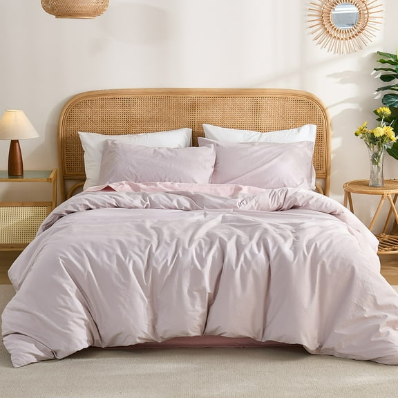 100% Washed Cotton Duvet Cover – Beige Grey, Linen-Like Texture, Super Soft & Breathable Bedding Set, 3-Piece Durable Percale Comforter Cover