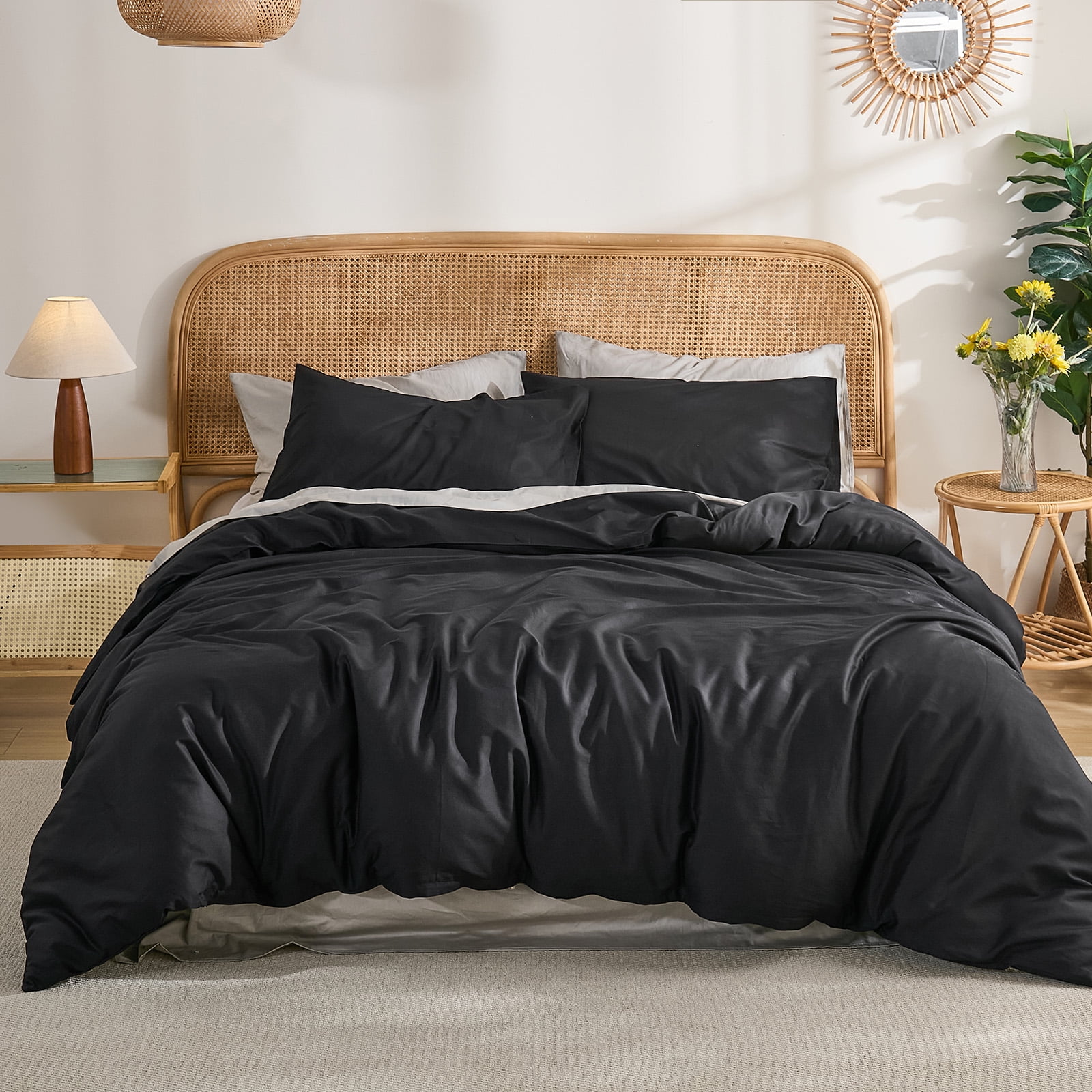 100% Washed Cotton Duvet Cover –Black, Linen-Like Texture, Super Soft & Breathable Bedding Set, 3-Piece Durable Percale Comforter Cover