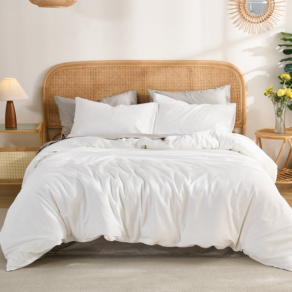 100% Washed Cotton Duvet Cover – Bright White, Linen-Like Texture, Super Soft & Breathable Bedding Set, 3-Piece Durable Percale Comforter Cover
