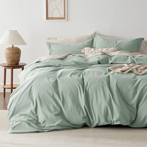 100% Washed Cotton Duvet Cover King Size - Sage Green Minimalist Cotton Duvet Cover Linen Like for All Seasons - GentleSoft™ Plain Simple Bedding (Sage Green, King, 104"x90")