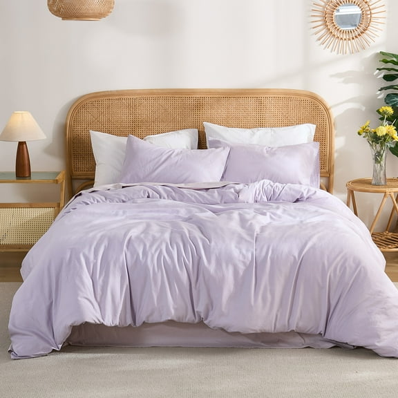 100% Washed Cotton Duvet Cover –Lavender Purple, Linen-Like Texture, Super Soft & Breathable Bedding Set, 3-Piece Durable Percale Comforter Cover