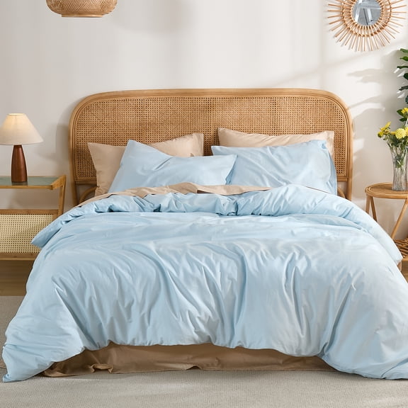 100% Washed Cotton Duvet Cover –Light Bluen, Linen-Like Texture, Super Soft & Breathable Bedding Set, 3-Piece Durable Percale Comforter Cover