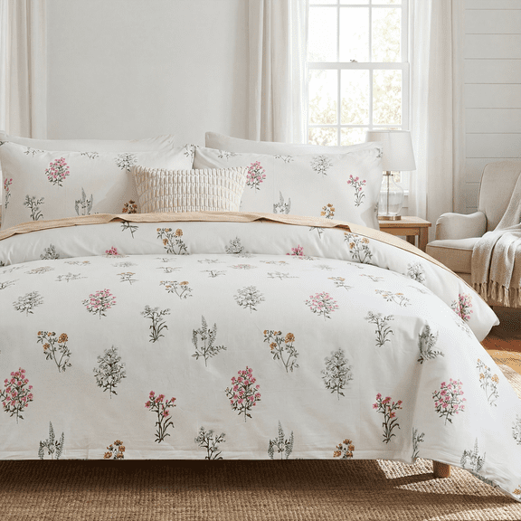100% Washed Cotton Duvet Cover - Linen Like Reversible Durable Soft Floral Duvet Cover Sets, 3 Pieces White Comforter Cover with Zipper Closure