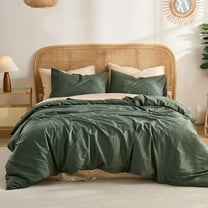 100% Washed Cotton Duvet Cover –Olive Green, Linen-Like Texture, Super Soft & Breathable Bedding Set, 3-Piece Durable Percale Comforter Cover