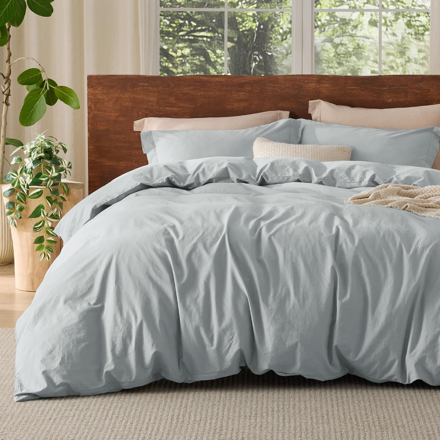 100% Washed Cotton Duvet Cover Queen Size - Mist Blue Minimalist Cotton ...