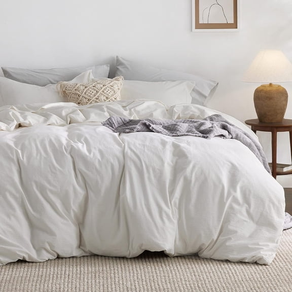 100% Washed Cotton Duvet Cover Queen Size - Natural White Minimalist Linen Like for All Seasons GentleSoft Plain Simple Bedding (Natural White, Queen, 90"x90")