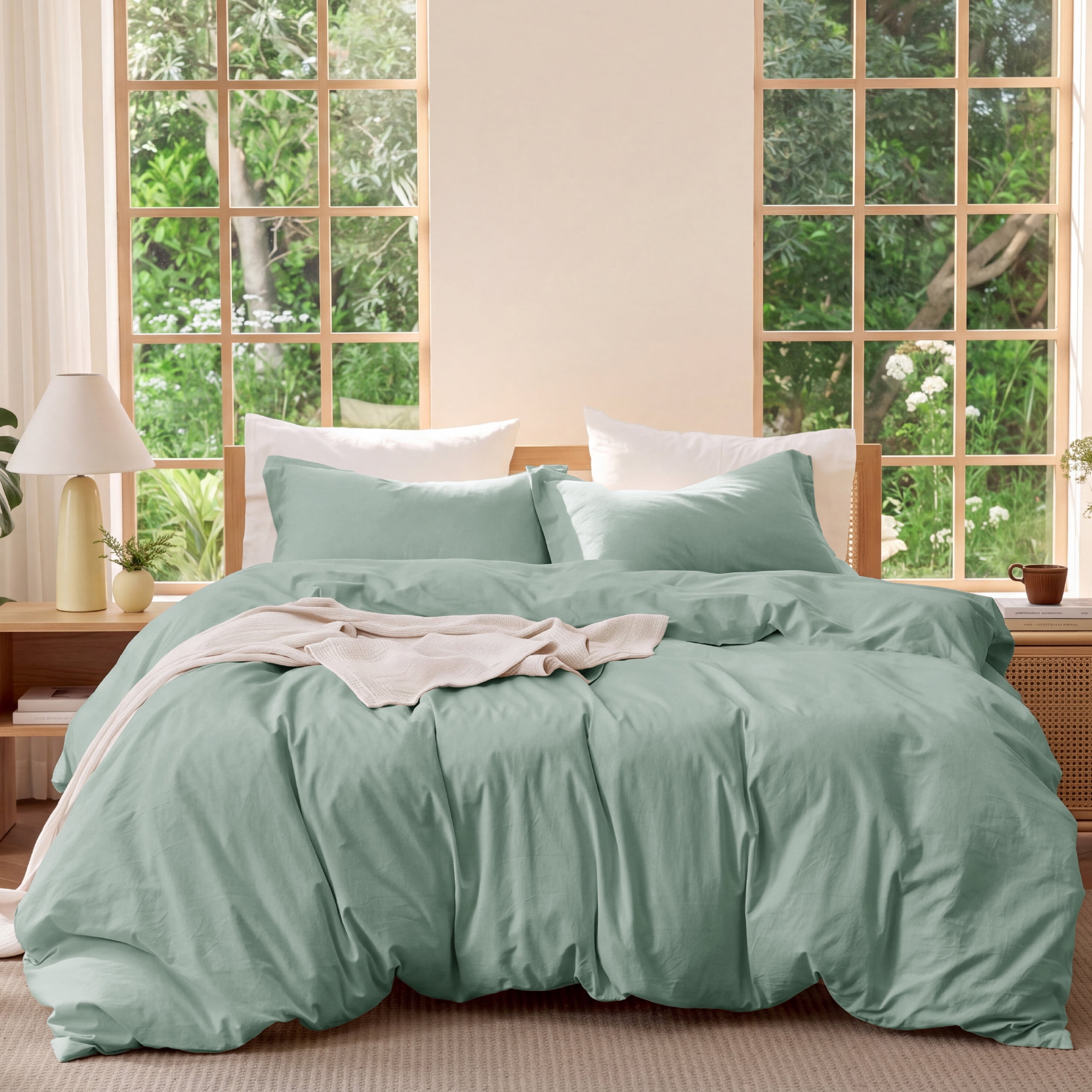 U Bedsure U by Bedsure 100% Washed Cotton Duvet Cover Queen Size, Purewoven Plain Simple & Soft Comforter Cover for All Seasons(Sage Green, Queen)