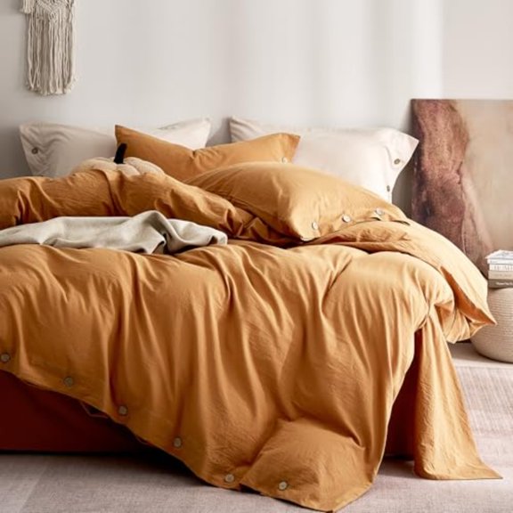 100% Washed Cotton Duvet Cover Queen Soft Breathable Linen-Look Bedding with Natural Wrinkle Texture Button Closure 3-Piece Set Amber Orange 90"x90"