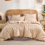 100% Washed Cotton Duvet Cover   Sandy Beige, Linen-Like Texture, Super Soft & Breathable Bedding Set, 3-Piece Durable Percale Comforter Cover