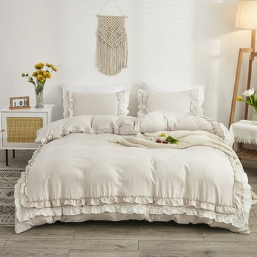 100% Washed Cotton Grey and White Ruffled Duvet Cover Set Twin Size with Zipper Closure & Corner Ties
