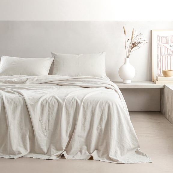 100% Washed Cotton Percale Sheet Set - Includes 1 Flat Sheet, 1 Fitted Sheet and 2 Pillowcases