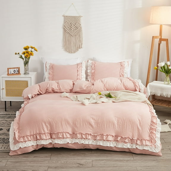 100% Washed Cotton Pink and White Ruffled Duvet Cover Set Twin Size with Zipper Closure & Corner Ties