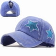 thumbnail image 1 of 100% Washed Denim Hole star Baseball cap Snapback Hats Autumn Summer fishing Hat for Men Women Caps Casquette hats Star Embroidery Ponytail Baseball Cap Washed Cotton Distressed Trucker Hat, 1 of 7