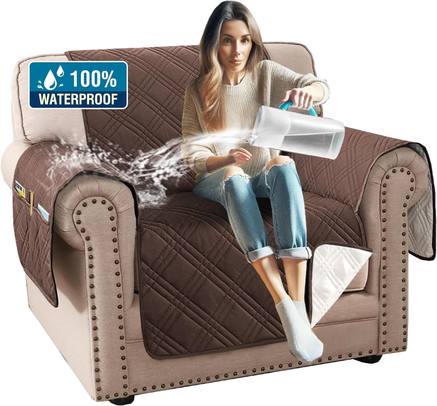 100 Waterproof Chair Slipcovers Modern Oversized Chair Cover Slip Covers for Armchairs with Elastic Straps Chair Brown Beige Walmart